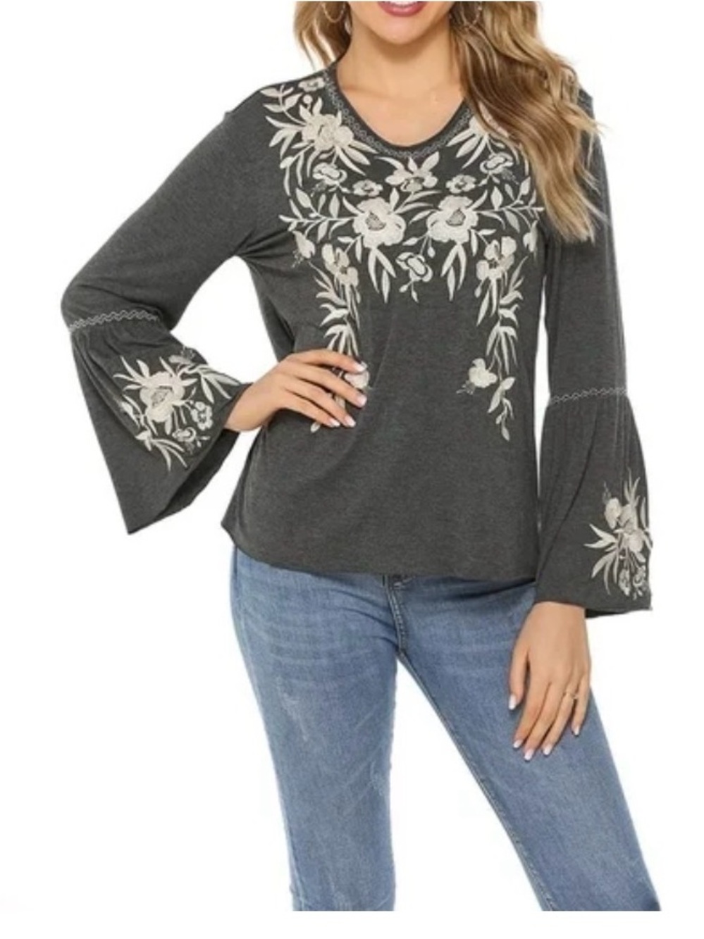 Boho-Inspired Embroidered Bell Sleeve Women's Top - Charcoal Grey/Cream  Size XL
